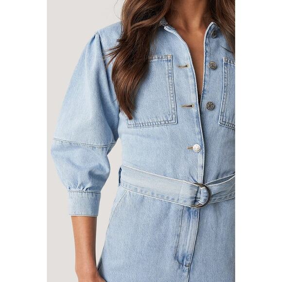 NA-KD NWT Cotton Denim Jean Belted Puff Sleeve Button Collard Denim Jumpsuit - Picture 3 of 11